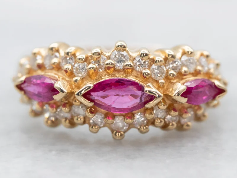 Luxury diamond rings for women -Yellow Gold East West Marquise Cut Ruby Ring with Diamond Accents