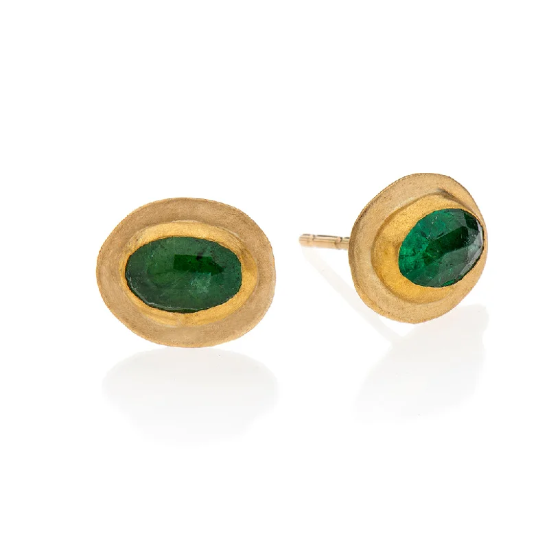 Gemstone stud earrings for women -Nava Zahavi Yellow Gold Oval Emerald Stud Earrings