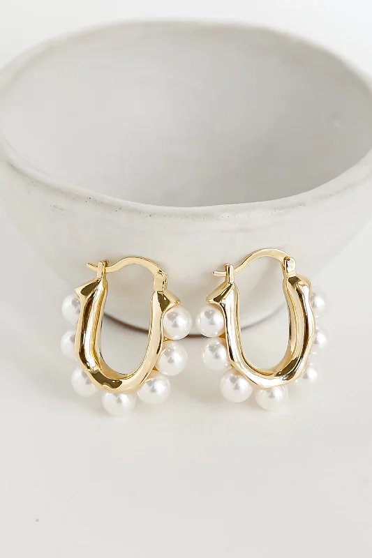 Adjustable earrings for women -Sara Gold Pearl Oval Hoop Earrings