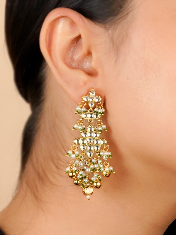 Faux pearl earrings for women -Green Color Gold Plated Jadau Kundan Earrings - ME1086Y