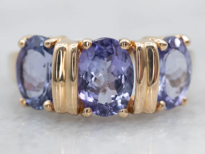 Custom diamond rings for women -Yellow Gold Three Stone Tanzanite Ring