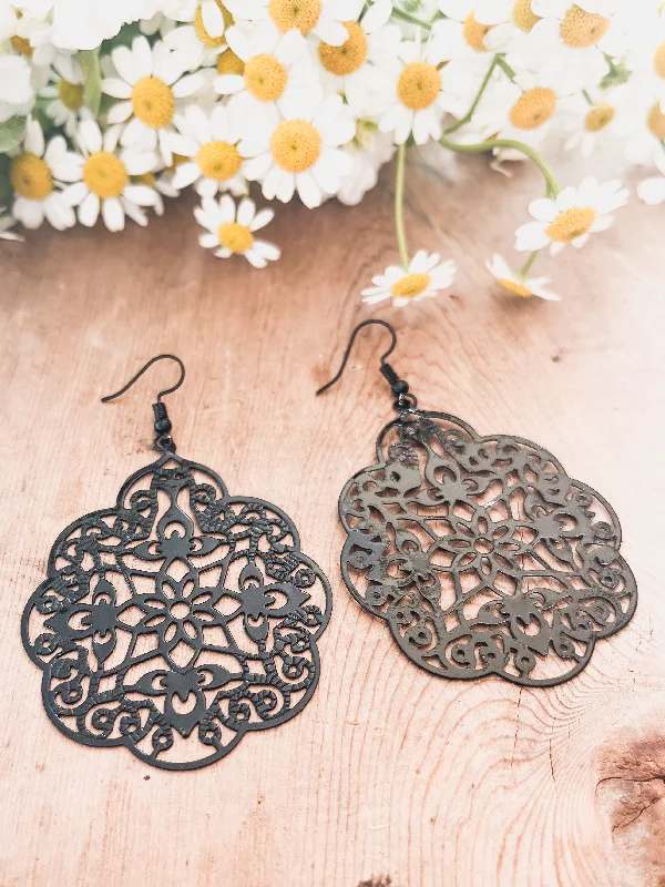 Drop earrings for women -Beautiful Black Ornate Drop Earrings