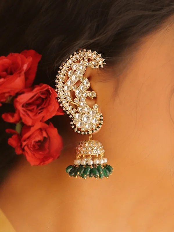 Long drop earrings for women -Green Color Gold Plated Jadau Kundan Earrings - ME1180