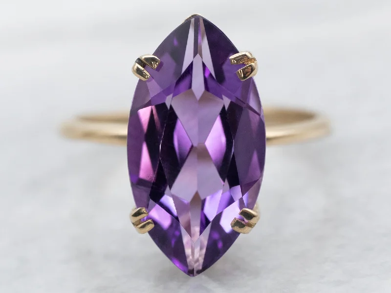 Silver engagement rings for women -Yellow Gold Marquise Cut Amethyst Solitaire Ring