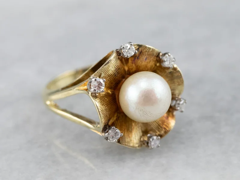 Gold stacking rings for women -Vintage Pearl Diamond Gold Statement Ring