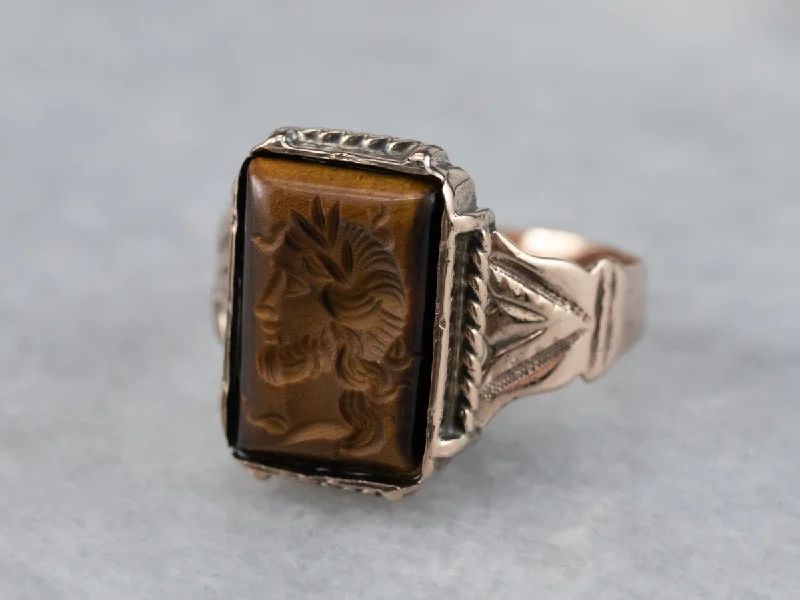 Statement gemstone rings for women -Victorian Tiger's Eye Intaglio Rose Gold Ring