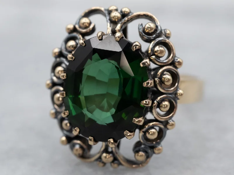 Silver engagement rings for women -Ornate Green Tourmaline Cocktail Ring