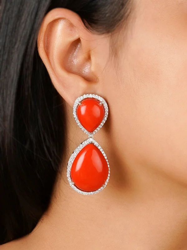 Cool earrings for women -Orange Color Silver Plated Contemporary Earrings - CC-EAR10OR