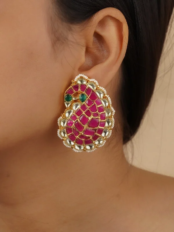 Twisted earrings for women -Pink Color Gold Plated Jadau Kundan Earrings - ME548