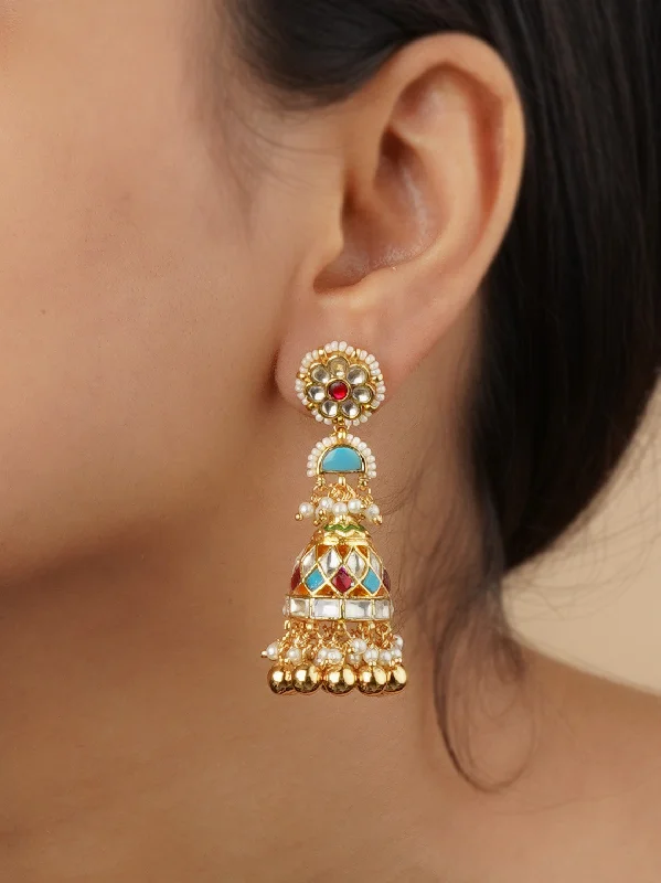 Clear earrings for women -Multicolor Gold Plated Jadau Kundan Earrings - ME824MD