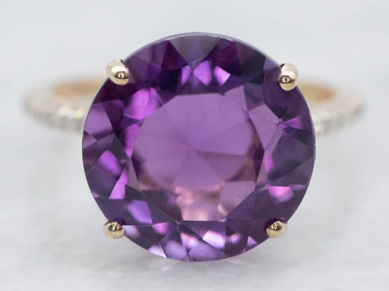 Custom-designed rings for women -Yellow Gold Amethyst Ring with Diamond Accents