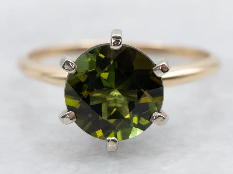 Stackable rings for women -Two Tone Gold Green Tourmaline Solitaire Ring