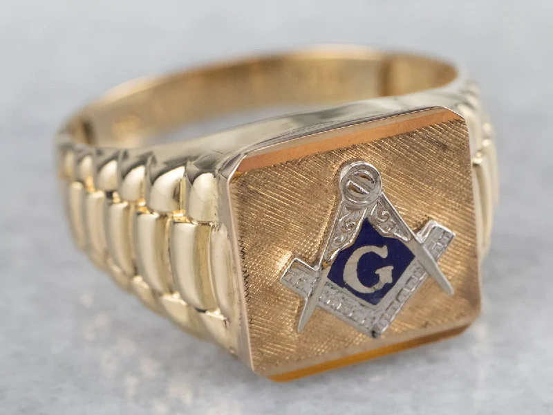 Round-cut rings for women -Two Tone Gold Enamel Masonic Ring