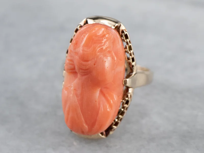 Minimalist rings for women -Vintage Coral Cameo Rose Gold Ring