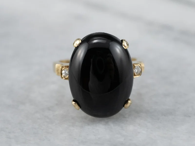 Birthstone rings for women -Black Onyx Diamond Yellow Gold Ring