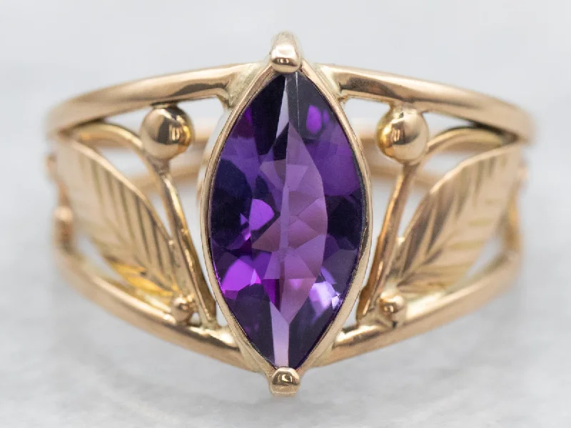 Unique rings for women -Vintage Marquise Cut Amethyst Ring with Leaf Details