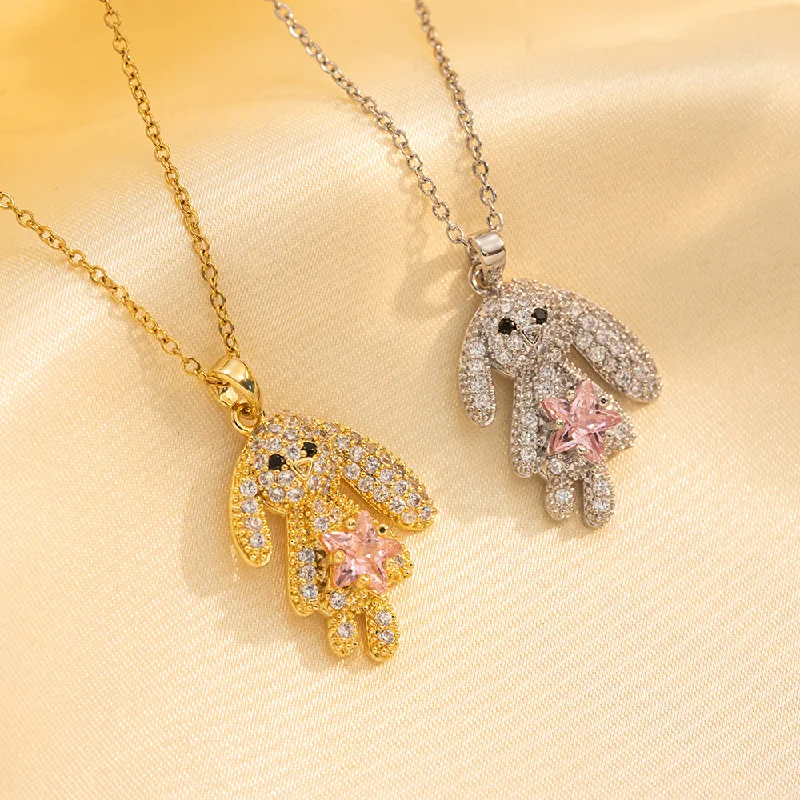 Birthstone necklaces for women -Stainless Steel 18K Gold Plated Cute Rabbit Inlay Zircon Pendant Necklace