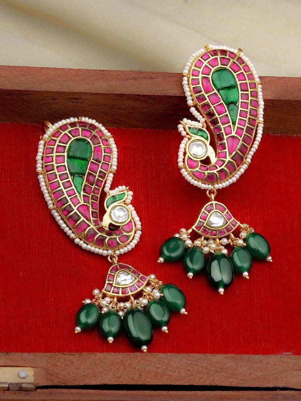 Trendy earrings for women -Multicolor Gold Plated Jadau Kundan Earrings - ME1159M