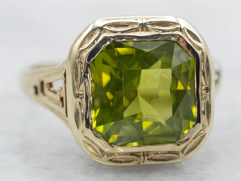 Custom rings for women -Yellow Gold Square Cut Bezel Set Peridot Solitaire Ring