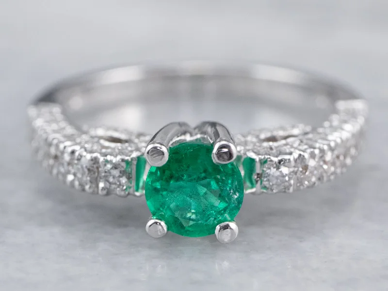 Gemstone engagement rings for women -Emerald and Diamond 18K White Gold Ring