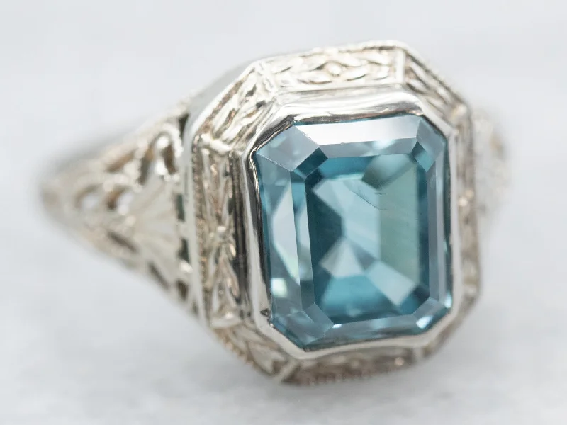 Minimalist rings for women -Art Deco Blue Zircon Filigree Solitaire Ring