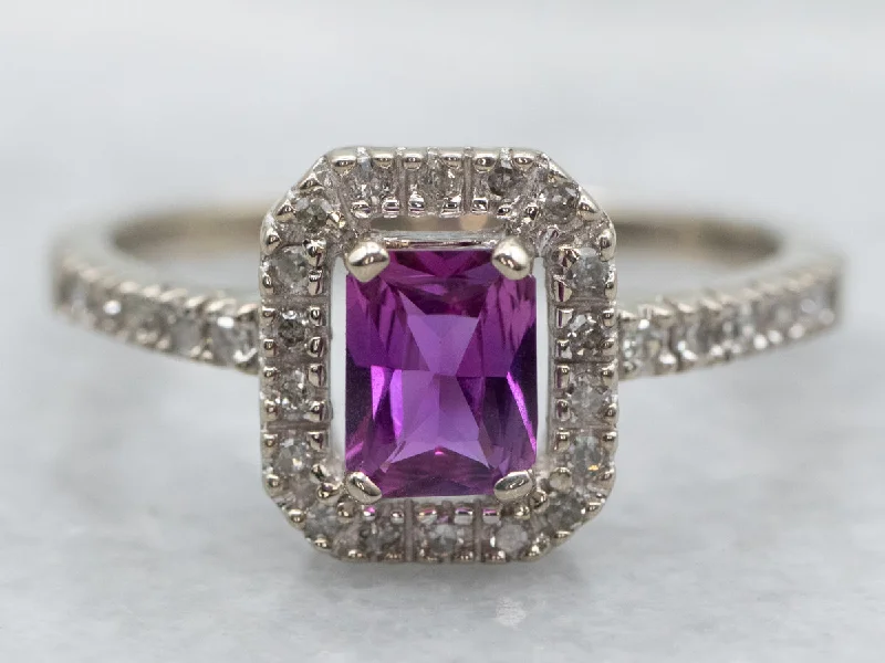 Unique gemstone rings for women -Modern Pink Sapphire Ring with Diamond Halo