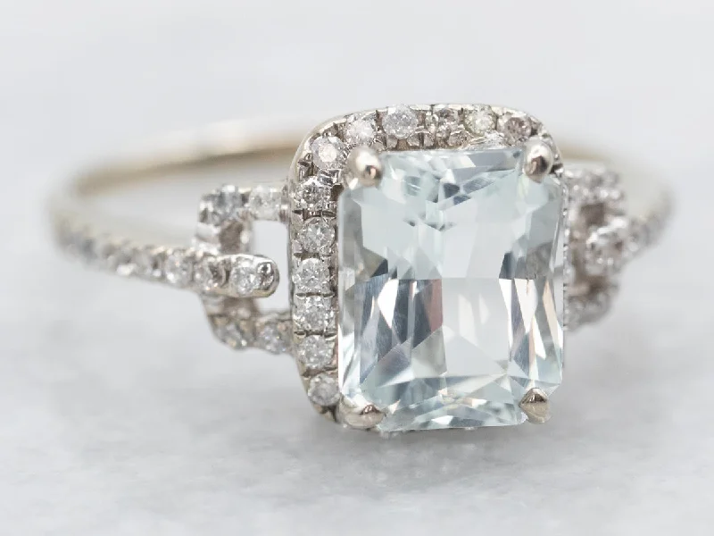 Two-tone rings for women -White Gold Emerald Cut Aquamarine Ring with Diamond Halo and Diamond Shoulders