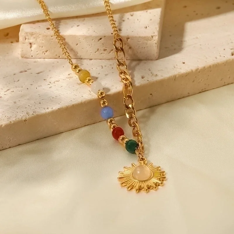 Women’s multi-strand necklaces -Fashion Sun Stainless Steel Pendant Necklace Gold Plated Inlay Opal Stainless Steel Necklaces