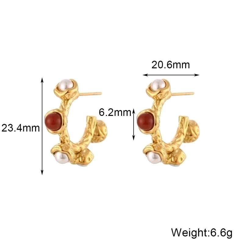 Pearl Ruby Branch C- Shaped Ear Ring-Gold