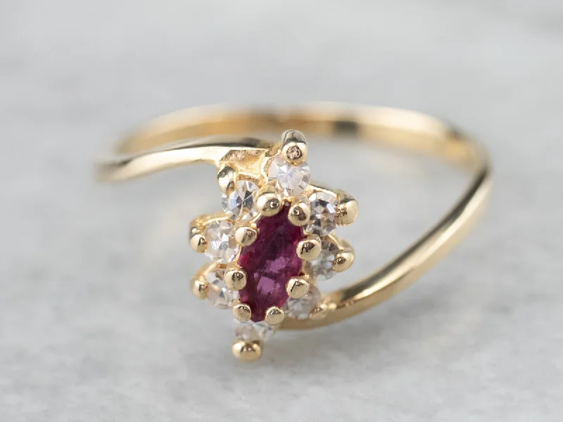 Stackable rings for women -Marquise Ruby Diamond Halo Gold Ring