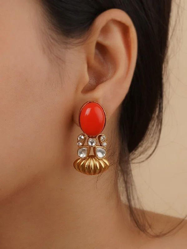 Flower drop earrings for women -Orange Color Gold Plated Faux Polki Earrings - PK-E53OR