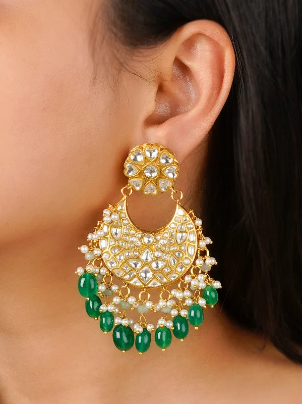 Gold earrings for women -Green Color Gold Plated Thappa Jadau Kundan Earrings - TJ-E88