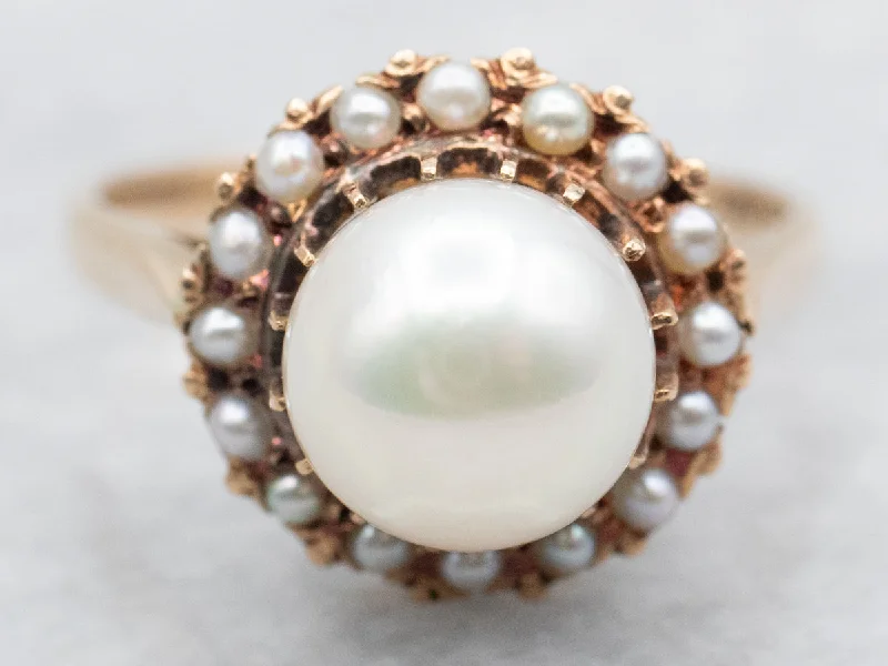 Colored gemstone rings for women -Pearl Ring with Seed Pearl Halo