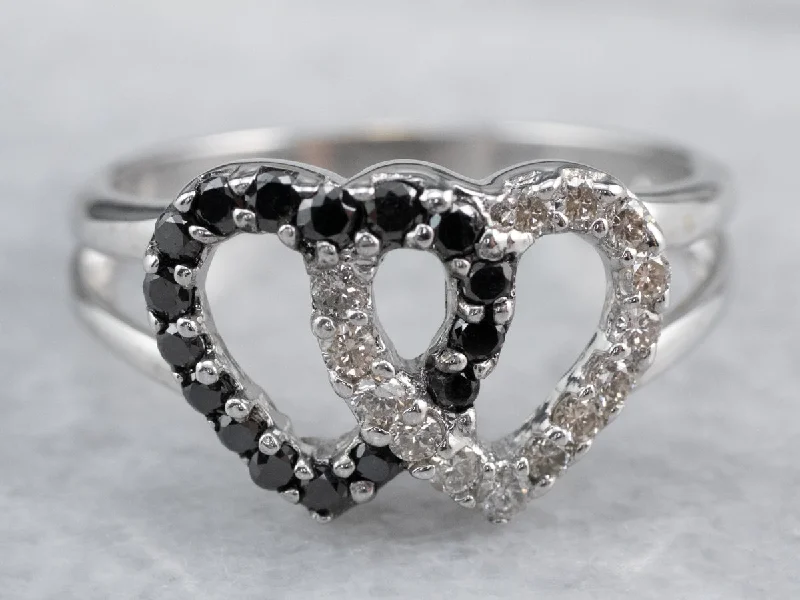 Custom gold rings for women -Interlocking Black and White Diamond Heart Ring