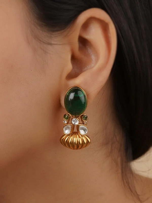 Oval earrings for women -Green Color Gold Plated Faux Polki Earrings - PK-E53GR