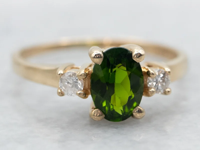 Large cocktail rings for women -Yellow Gold Oval Cut Green Tourmaline Ring with Diamond Accents