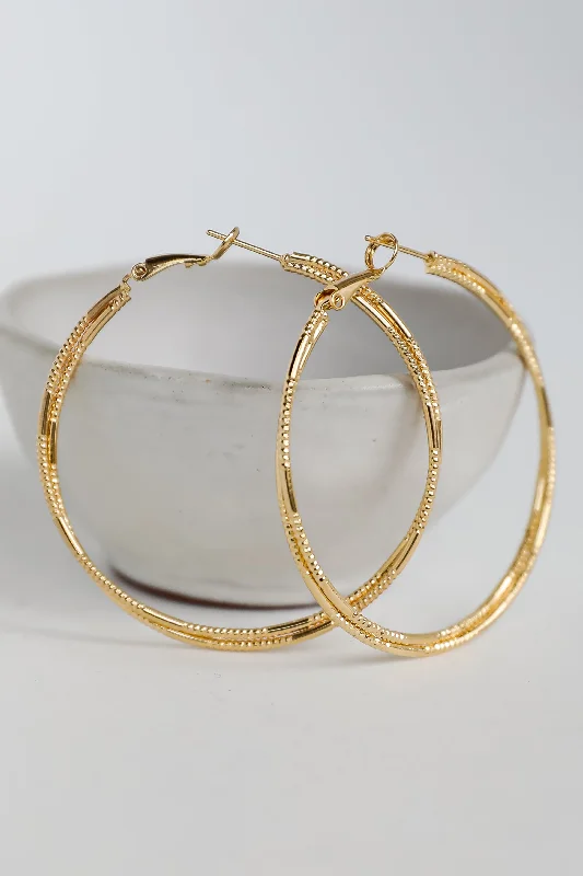 Textured earrings for women -Lainey Gold Textured Double Hoop Earrings