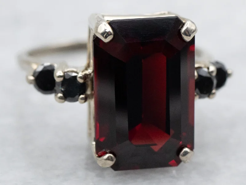 Heart-shaped rings for women -White Gold Emerald Cut Garnet Ring with Black Diamond Accents