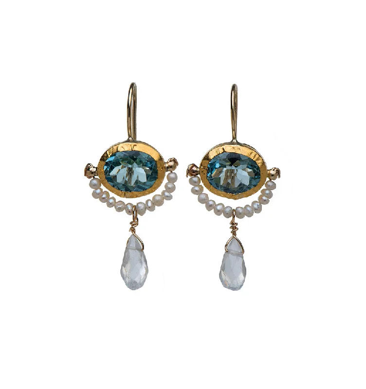 Gold earrings for women -Nava Zahavi Yellow Gold Blue Topaz and Pearl Earrings