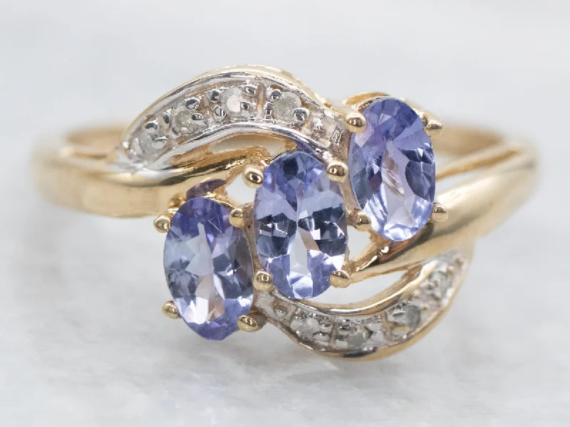 Art deco rings for women -Vintage Three Tanzanite and Diamond Bypass Ring