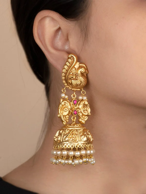 Vintage earrings for women -Pink Color Gold Plated Temple Earrings - TMPEAR74