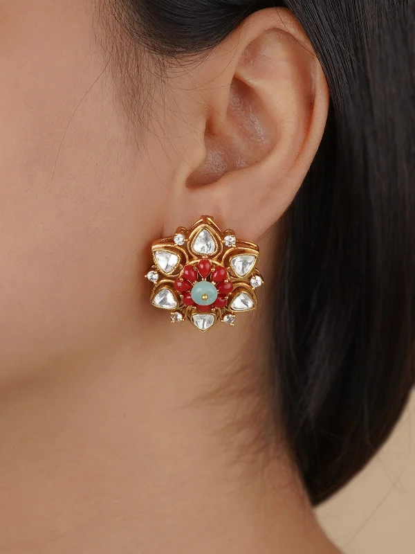 Clear earrings for women -Red Color Gold Plated Faux Polki Earrings - PK-E54C