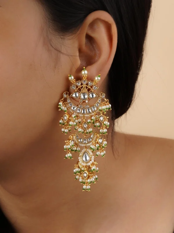 Pear-shaped earrings for women -Green Color Gold Plated Jadau Kundan Earrings - ME1205