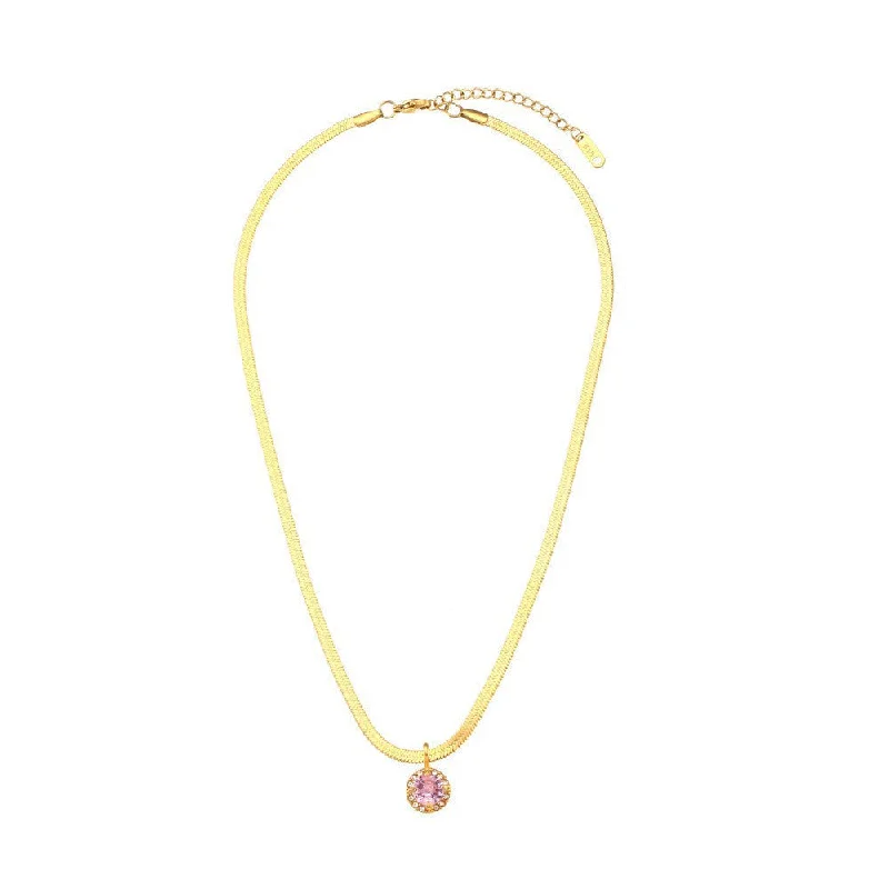 Human shaped fishbone chain round zircon pendant necklace - pink