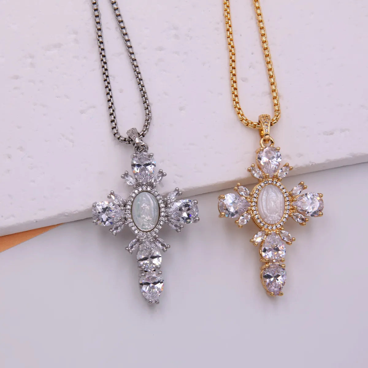 Triple-strand necklaces for women -Glam Modern Style Shiny Cross Copper Plating Inlay Shell Zircon 18k Gold Plated White Gold Plated Pendant Necklace