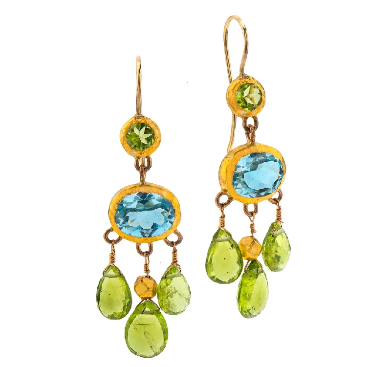 Handmade earrings for women -Nava Zahavi Yellow Gold Peridot and Blue Topaz Chandelier Earrings