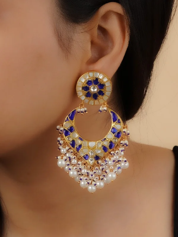 Modern silver earrings for women -Blue Color Gold Plated Thappa Jadau Kundan Earrings - TJ-E69BL