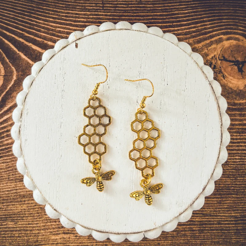 Zircon earrings for women -Gold or Silver Honeybee Honeycomb Earrings