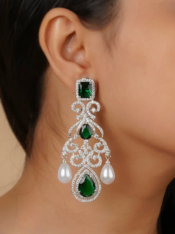 Natural stone earrings for women -Green Color Silver Plated Faux Diamond Earrings - CZEAR545GR