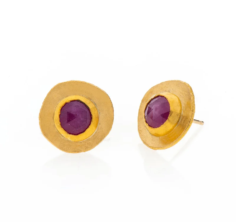 Bridesmaid earrings for women -Nava Zahavi Yellow Gold Round Ruby Stud Earrings